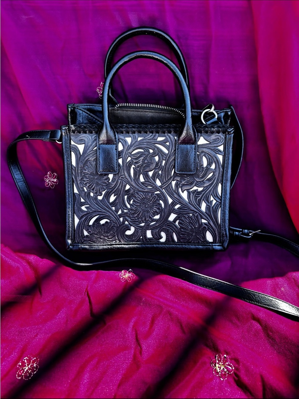 Black Floral Cutout Crossbody Handbag - Women's Bag